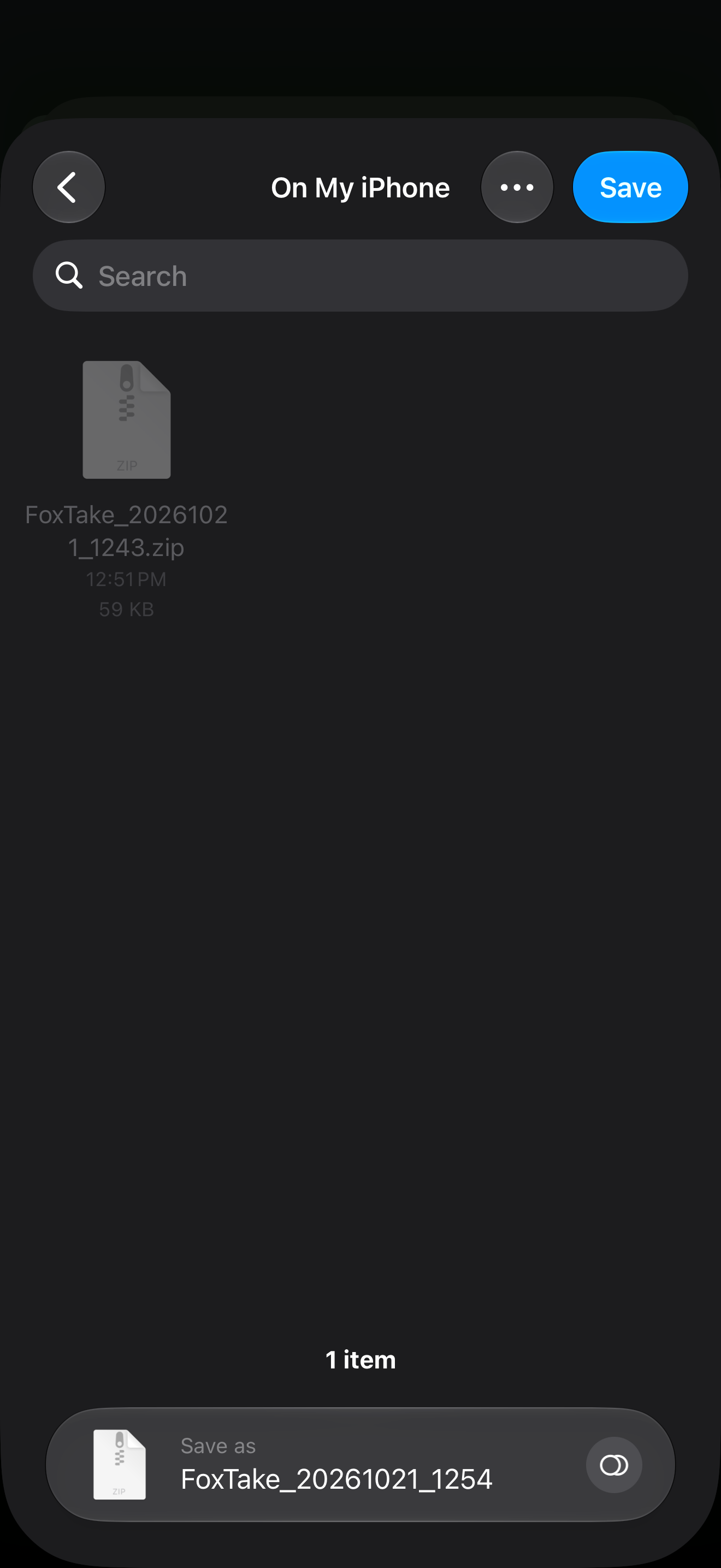 iOS Files save picker for the exported FoxTake project ZIP