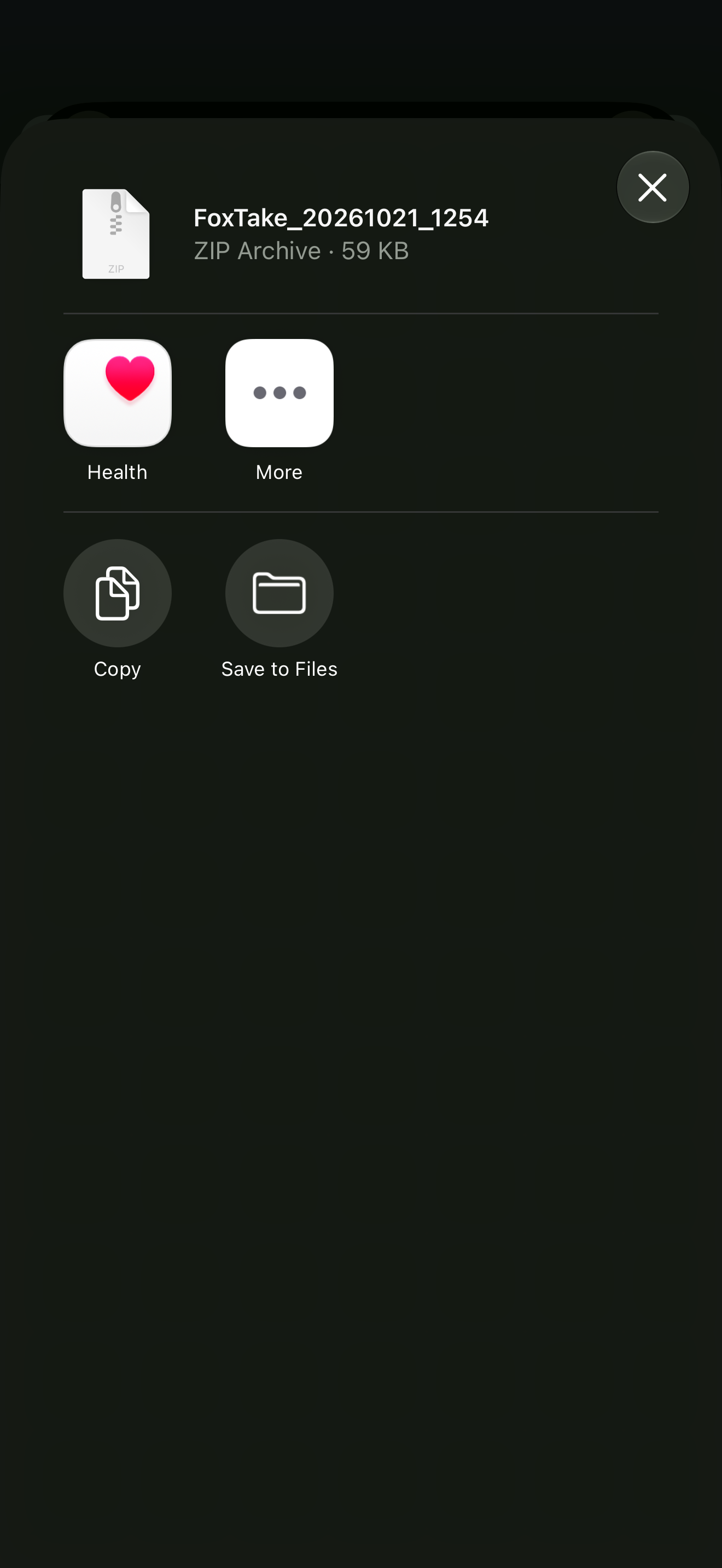 iOS share sheet displaying the FoxTake project ZIP and Save to Files action