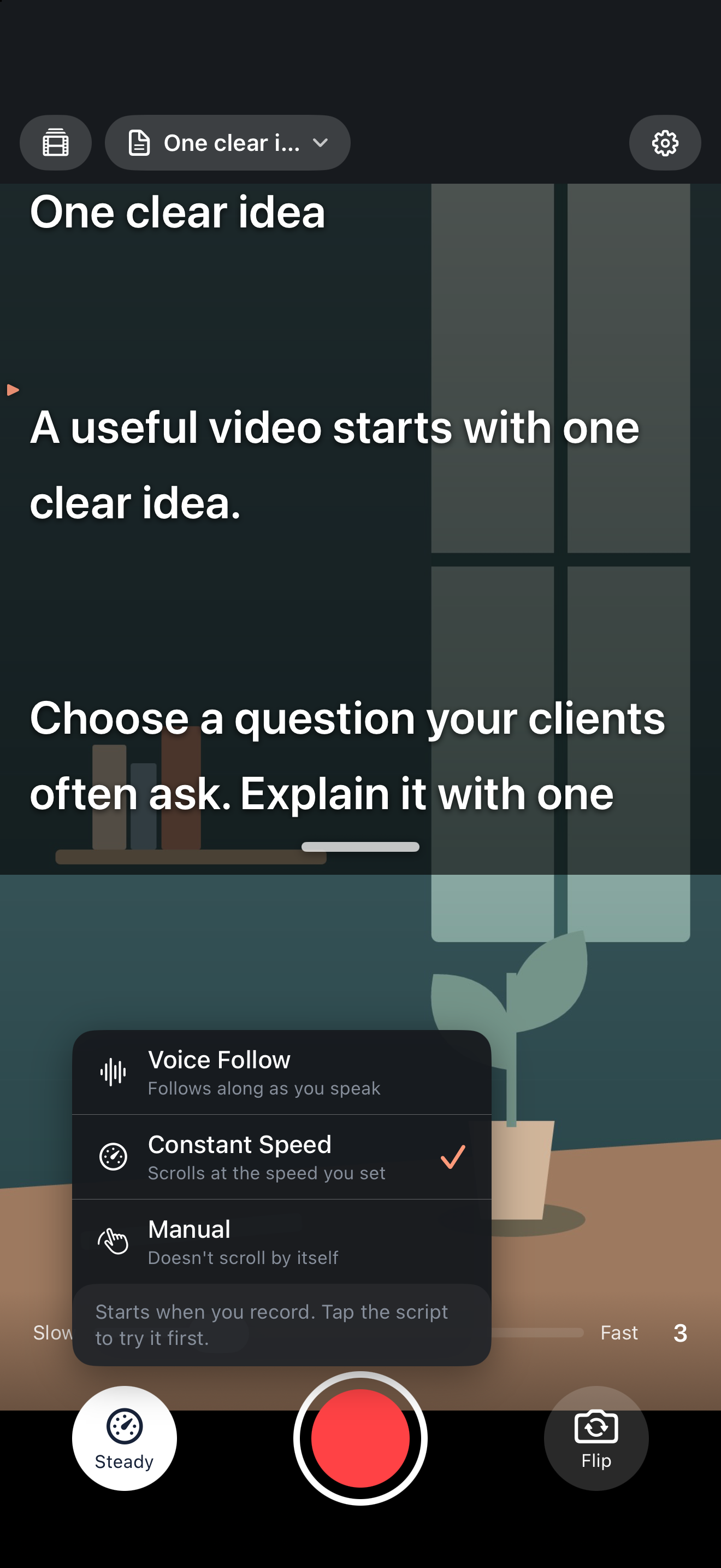 FoxTake scrolling menu showing Voice Follow, Constant Speed and Manual